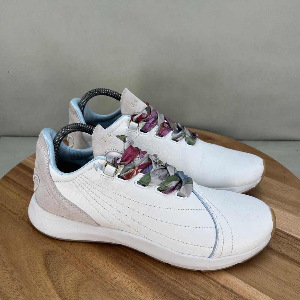 Saysh Two Womens Lifestyle Sneakers White Leather Floral Ribbon Laces Size 9.5